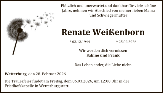 Traueranzeige von Renate Weißenborn von WLZ