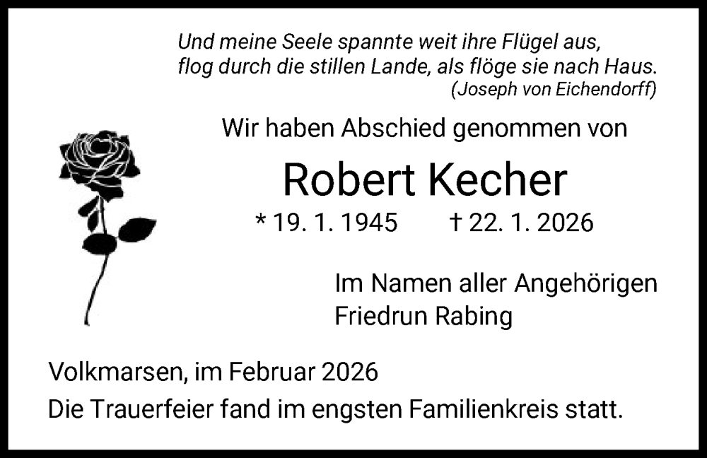  Traueranzeige für Robert Kecher vom 07.02.2026 aus WLZ