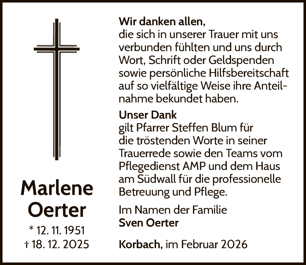  Traueranzeige für Sven Oerter vom 14.02.2026 aus WLZ