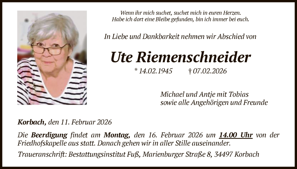  Traueranzeige für Ute Riemenschneider vom 11.02.2026 aus WLZ