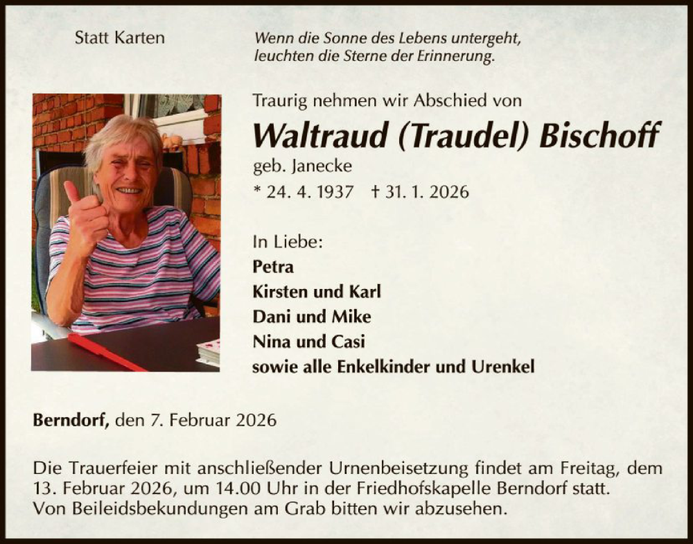  Traueranzeige für Waltraud Bischoff vom 07.02.2026 aus WLZ
