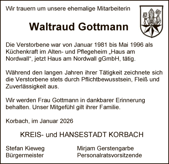 Traueranzeige von Waltraud Gottmann von WLZ