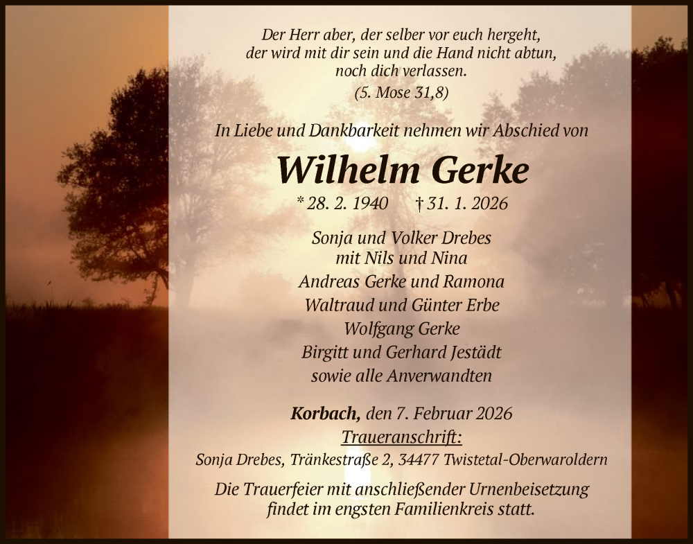  Traueranzeige für Wilhelm Gerke vom 07.02.2026 aus WLZ