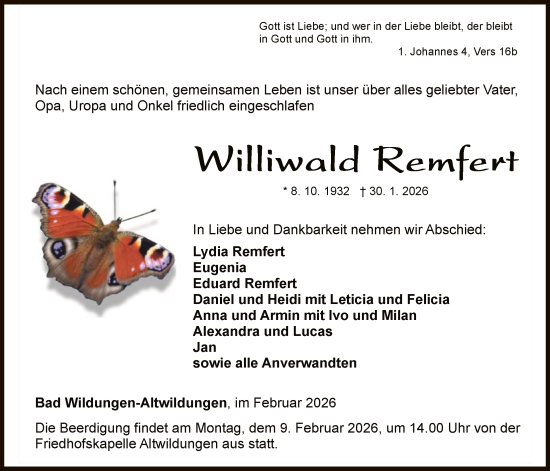 Traueranzeige von Williwald Remfert von WLZ